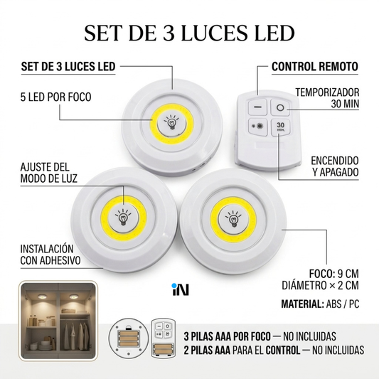 SET DE 3 LUCES LED CON CONTROL REMOTO (No incluye las pilas)