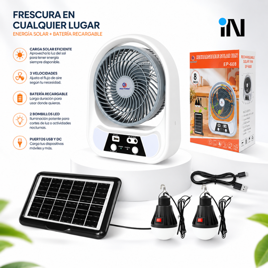 ABANICO SOLAR RECARGABLE PORTATIL 8"